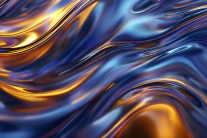 Luxury abstract wave 4K background for mobile, featuring dynamic gold and indigo liquid patterns.