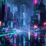 Cyberpunk neon cityscape at dusk
