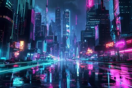Cyberpunk neon cityscape at dusk