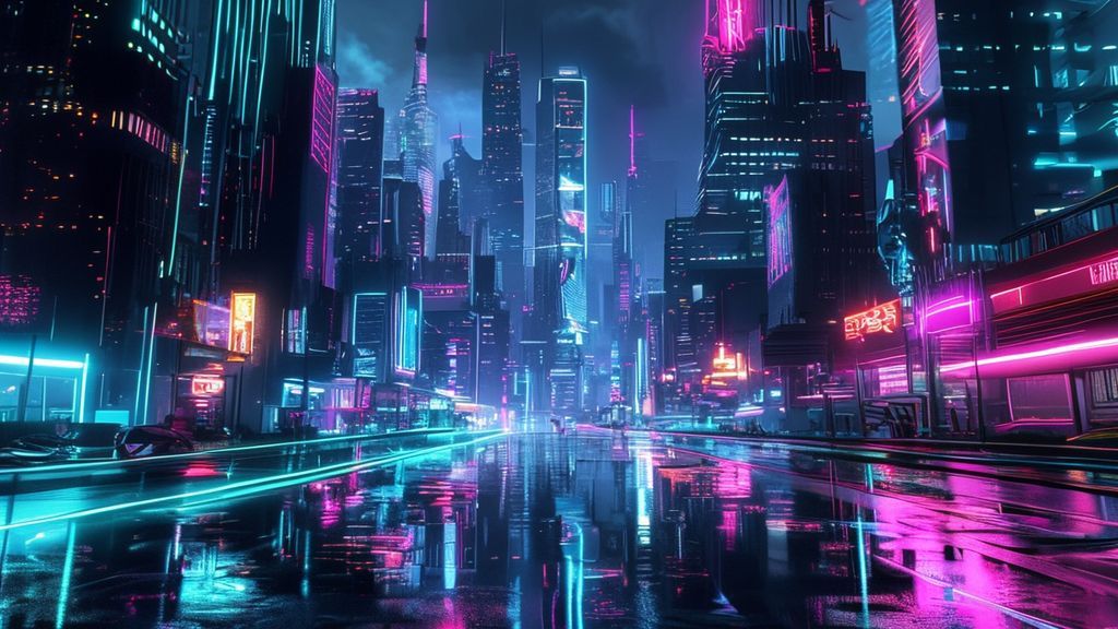 Cyberpunk neon cityscape at dusk