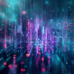 Abstract cyberpunk phone wallpaper with glowing neon lines, digital patterns, and futuristic city elements, ideal for a 4K mobile background.