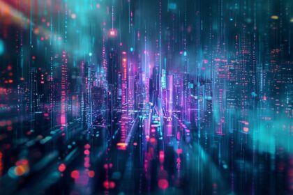 Abstract cyberpunk phone wallpaper with glowing neon lines, digital patterns, and futuristic city elements, ideal for a 4K mobile background.