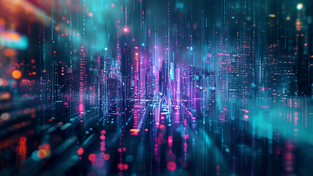 Abstract cyberpunk phone wallpaper with glowing neon lines, digital patterns, and futuristic city elements, ideal for a 4K mobile background.