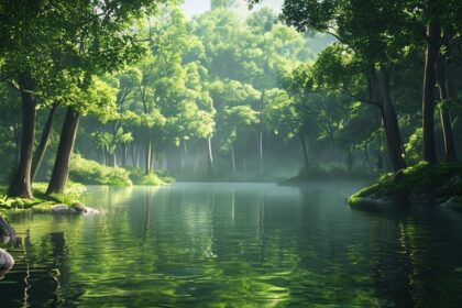 Nature realism 4K image of a forest and lake