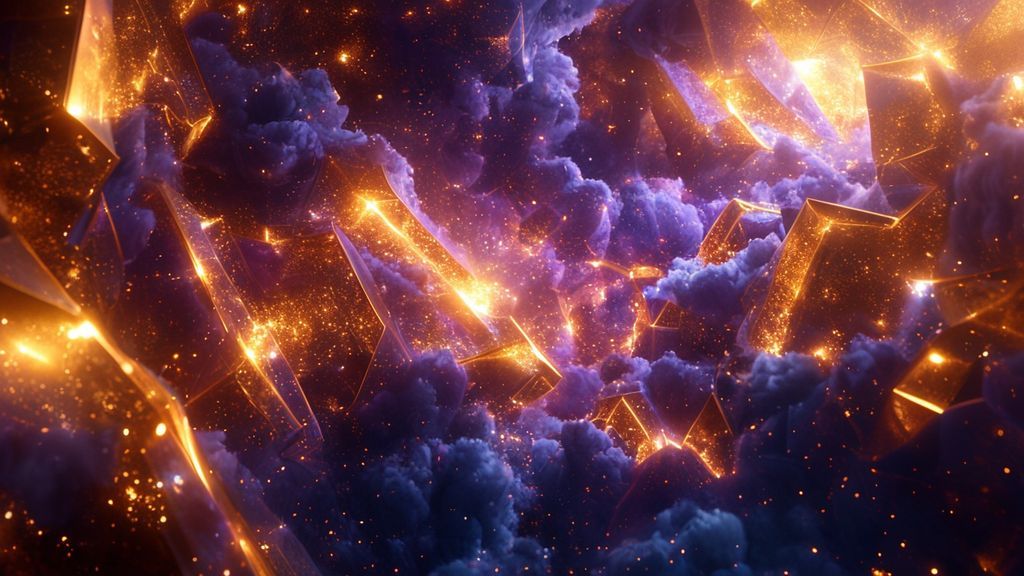 Luxurious 4K sci-fi abstract wallpaper featuring golden and obsidian geometric patterns, ethereal violet and sapphire nebula, and glowing crystalline structures in a cosmic setting.
