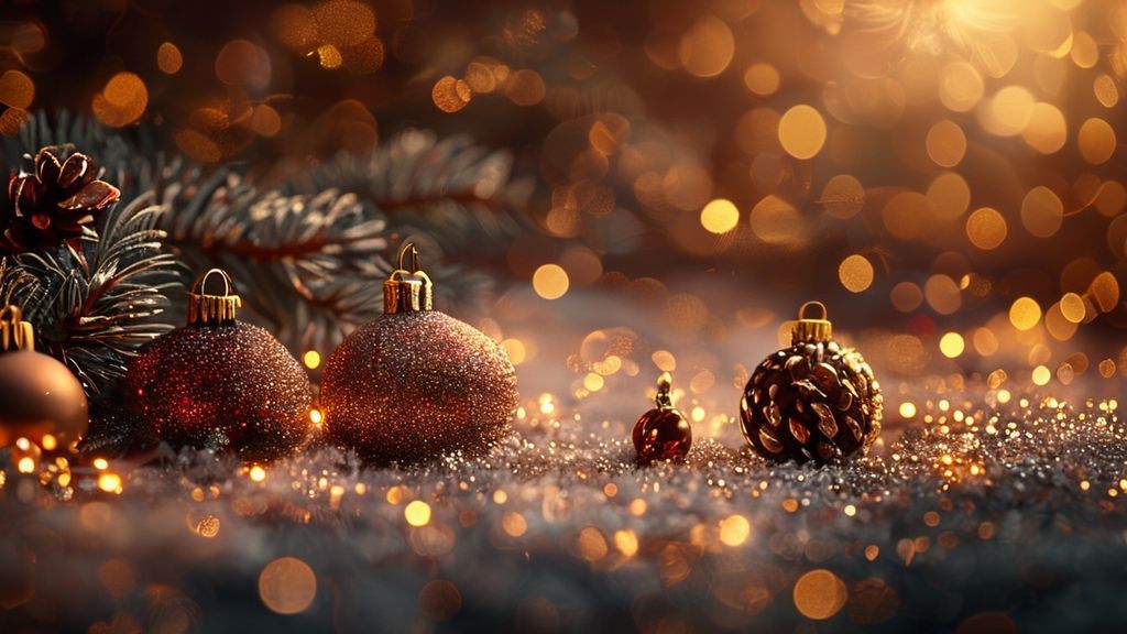 Luxurious 4K Christmas background with sparkling golden lights, elegant ornaments, and a festive, warm glow, perfect for opulent holiday themes.