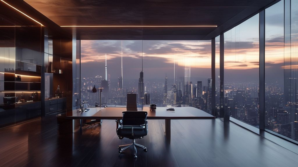 High-resolution free background image of a luxurious minimalist workspace overlooking a city skyline, ideal for professional and personal projects.