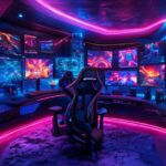 Luxury 4K gamer wallpaper featuring a futuristic high-tech PC setup with vibrant neon lighting and abstract game graphics.