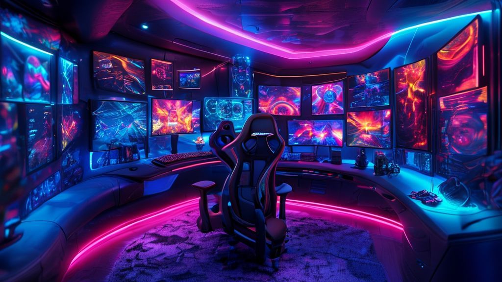 Luxury 4K gamer wallpaper featuring a futuristic high-tech PC setup with vibrant neon lighting and abstract game graphics.