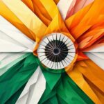 Artistic graphic design background inspired by Indian Tiranga colors for gantantra diwas in hindi, featuring modern geometric shapes and a central Ashoka Chakra