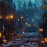 Luxurious 4K Halloween background featuring elegant gothic mansion, golden pumpkins, moonlit courtyard, autumn foliage, sophisticated festive scene.