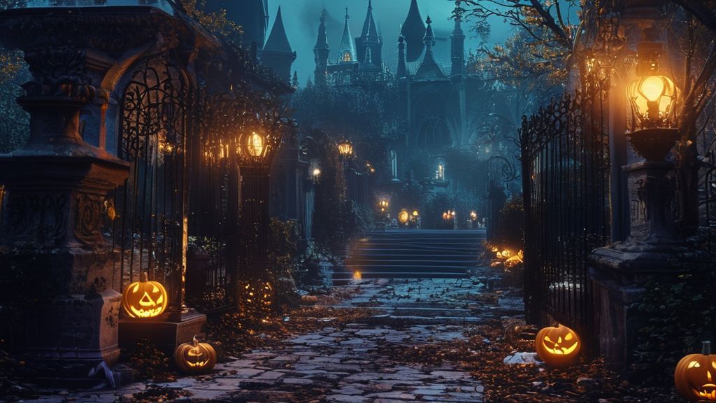 Luxurious 4K Halloween background featuring elegant gothic mansion, golden pumpkins, moonlit courtyard, autumn foliage, sophisticated festive scene.