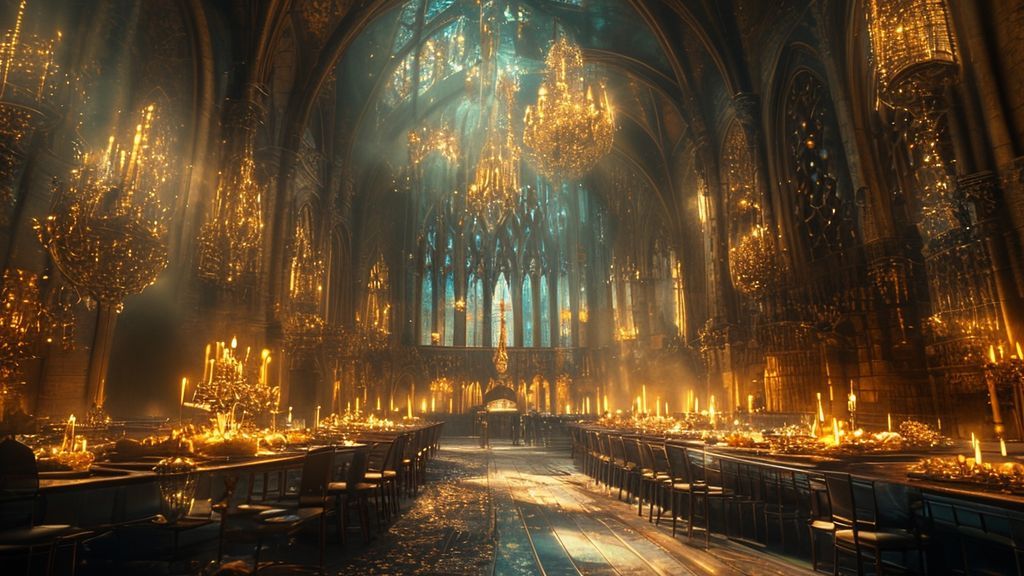 Harry Potter wallpaper, Hogwarts Great Hall, magical background, wizarding world, 4K luxury wallpaper, cinematic fantasy art