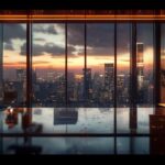 A luxurious 4K professional background image featuring a blurred modern office interior with city skyline view, perfect for LinkedIn profiles.