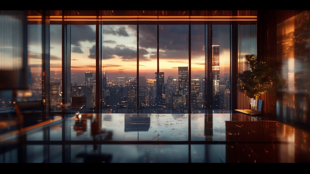 A luxurious 4K professional background image featuring a blurred modern office interior with city skyline view, perfect for LinkedIn profiles.