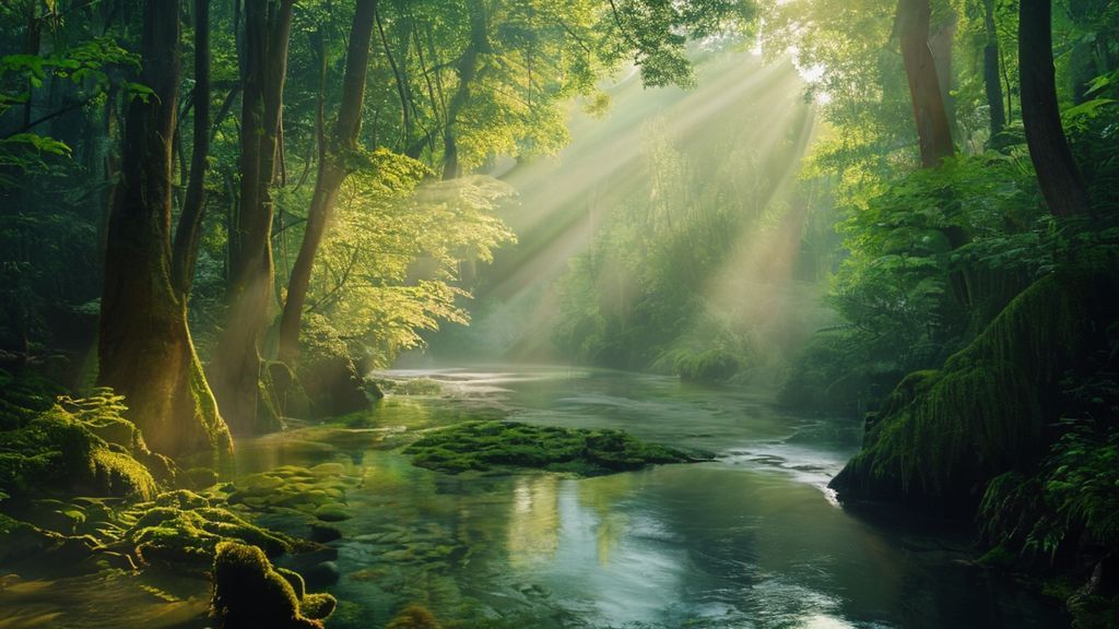 Luxury 4K nature wallpaper featuring a pristine forest, lush greenery, and a serene river. High-definition natural landscape background.