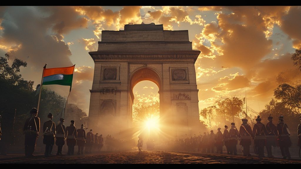 Luxurious 4K background image of India Gate during Republic Day celebrations, featuring elegant military parade, Indian flag, and vibrant national pride.
