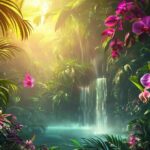 Luxury 4K tropical wallpaper featuring lush green foliage, exotic flowers, and a serene jungle scene, perfect for high-resolution displays.