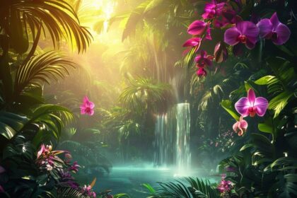 Luxury 4K tropical wallpaper featuring lush green foliage, exotic flowers, and a serene jungle scene, perfect for high-resolution displays.