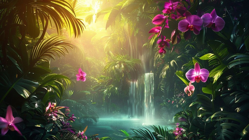Luxury 4K tropical wallpaper featuring lush green foliage, exotic flowers, and a serene jungle scene, perfect for high-resolution displays.
