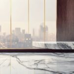 Pristine white marble luxury background with subtle gold light reflections and a blurred city view.