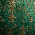 Luxurious 4K wallpaper with gold filigree pattern on emerald green, elegant interior background.