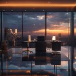 Luxurious modern office interior with a panoramic cityscape view at sunset, perfect for a high-resolution 4K Zoom virtual background, depicting a professional and sophisticated meeting environment.