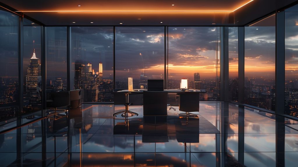 Luxurious modern office interior with a panoramic cityscape view at sunset, perfect for a high-resolution 4K Zoom virtual background, depicting a professional and sophisticated meeting environment.
