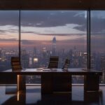 Free luxury 4K Zoom background featuring a minimalist executive office with city skyline view, perfect for professional virtual meetings.