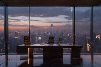 Free luxury 4K Zoom background featuring a minimalist executive office with city skyline view, perfect for professional virtual meetings.