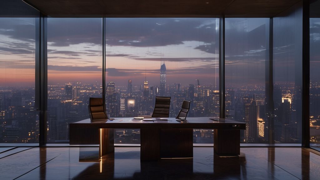 Free luxury 4K Zoom background featuring a minimalist executive office with city skyline view, perfect for professional virtual meetings.