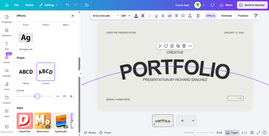 how to curve text in Canva